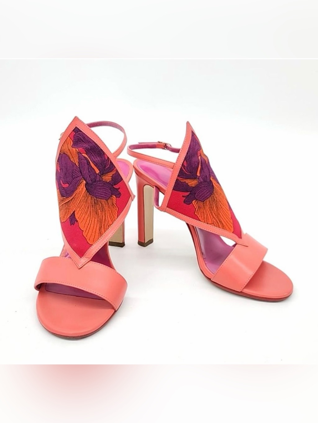 Hermes Women's Coral Pink Embroidered High Heel Sandals